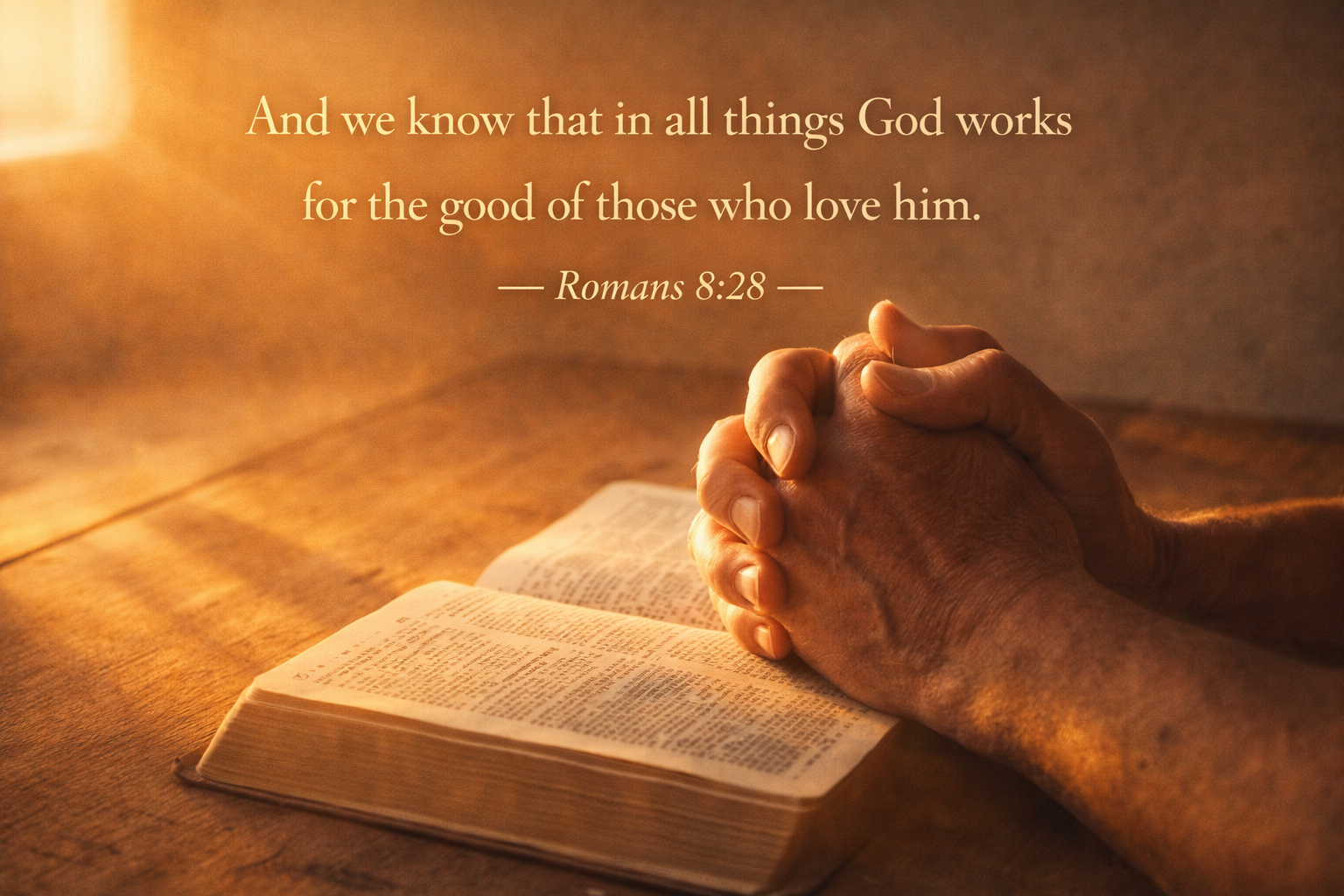 Romans 8:28 -- Hands in Prayer Open Bible Morning HD Wallpaper